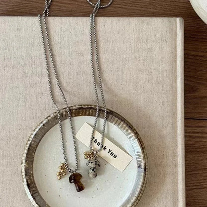 Spotted Tiger Eye Stone Mushroom Pendant Long Versatile Clavicle Chain Necklace for Women's Niche Exquisite Accessories