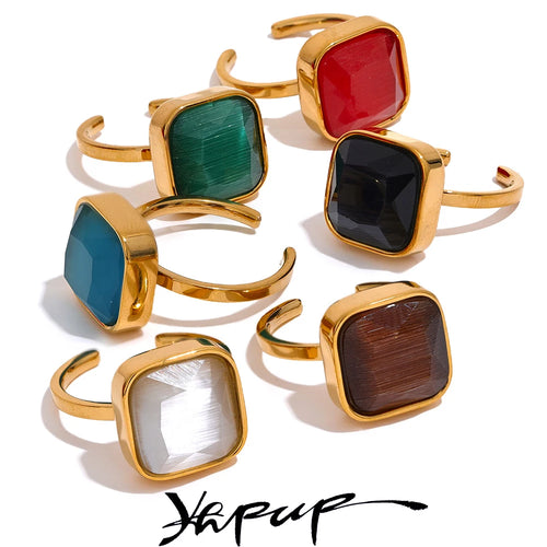 High quality Natural Opal Cat Eye colorful Stone Stainless Steel Square Open Ring -  Premium Rust-Proof Gold Color Finger Jewelry Adjustable Ring  for Party & Daily Use - Perfect Gift for Women