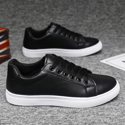 Hot Men’s Fashion Sneakers – Stylish Leather Flat Shoes for Everyday Comfort, White & Black Non-Slip Vulcanized Design - Gift for Him