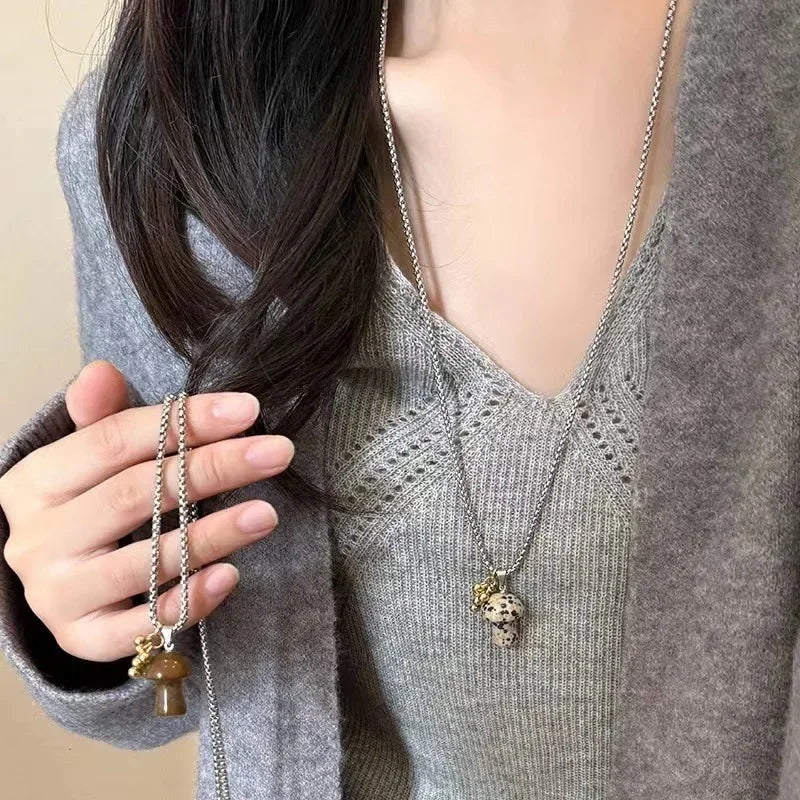 Spotted Tiger Eye Stone Mushroom Pendant Long Versatile Clavicle Chain Necklace for Women's Niche Exquisite Accessories