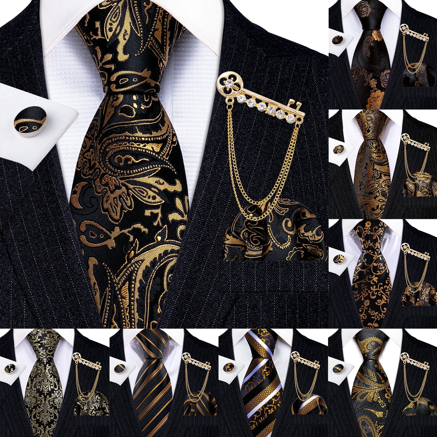 Luxury Floral Paisley Gold Black Silk Tie, Hanky, Cufflinks & Brooch Set - Men's Jacquard Necktie & Accessories for Business, Formal or Wedding - Ideal Gift for Him