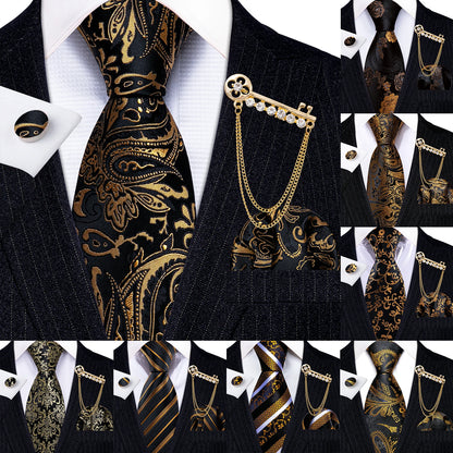 Luxury Floral Paisley Gold Black Silk Tie, Hanky, Cufflinks & Brooch Set - Men's Jacquard Necktie & Accessories for Business, Formal or Wedding - Ideal Gift for Him