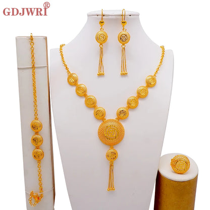 African Indian Gold Jewelry Set for Women – Dubai Style Bridal Tassel Long Necklace, Earrings, Ring & Bangle - Ideal Gift for Her