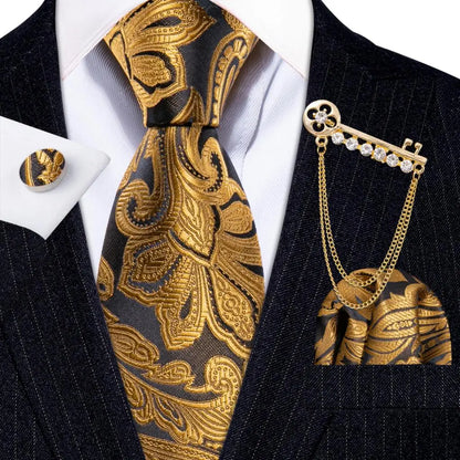 Luxury Floral Paisley Gold Black Silk Tie, Hanky, Cufflinks & Brooch Set - Men's Jacquard Necktie & Accessories for Business, Formal or Wedding - Ideal Gift for Him