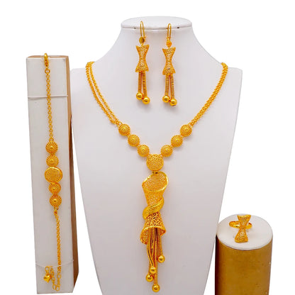 African Indian Gold Jewelry Set for Women – Dubai Style Bridal Tassel Long Necklace, Earrings, Ring & Bangle - Ideal Gift for Her