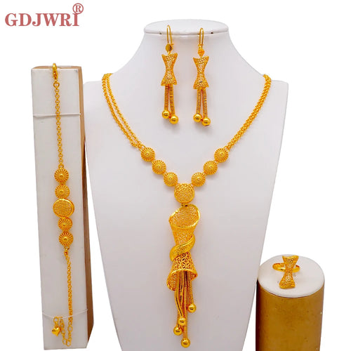 African Indian Gold Jewelry Set for Women – Dubai Style Bridal Tassel Long Necklace, Earrings, Ring & Bangle - Ideal Gift for Her