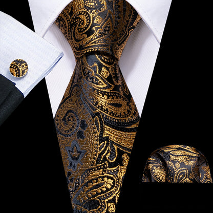 Gold Leaves Floral Silk Tie with   Pocket Square Cufflinks  - Elegant Gift Set for Men