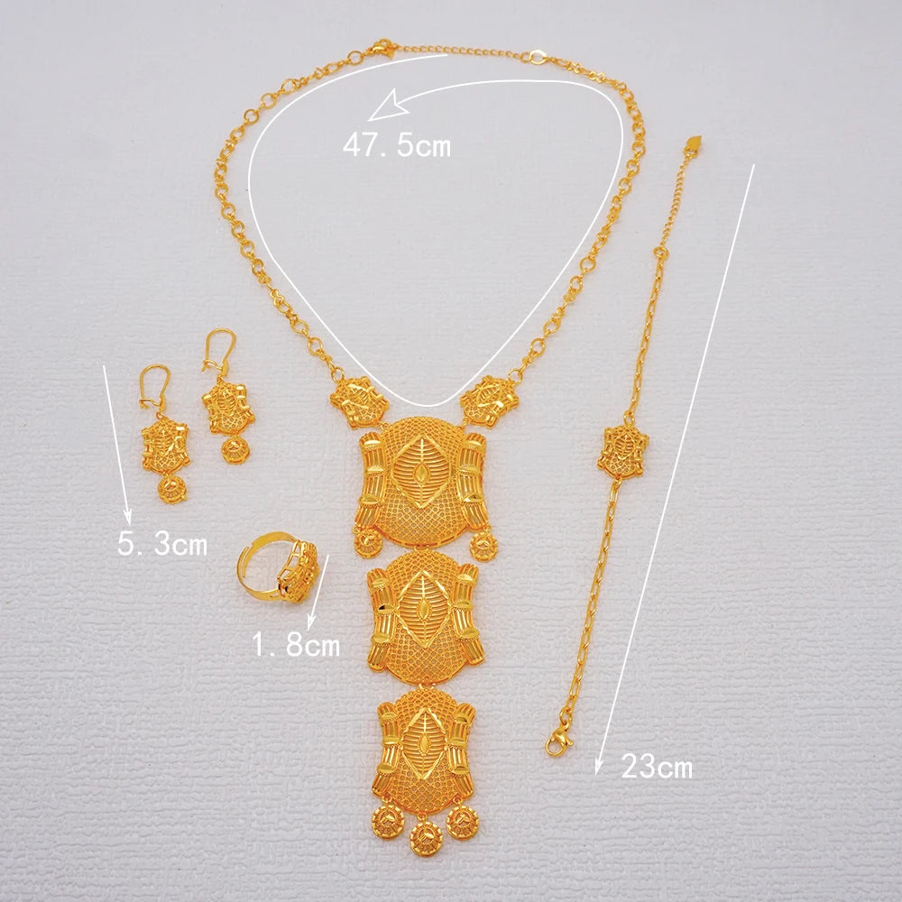 African Indian Gold Jewelry Set for Women – Dubai Style Bridal Tassel Long Necklace, Earrings, Ring & Bangle - Ideal Gift for Her
