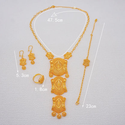 African Indian Gold Jewelry Set for Women – Dubai Style Bridal Tassel Long Necklace, Earrings, Ring & Bangle - Ideal Gift for Her