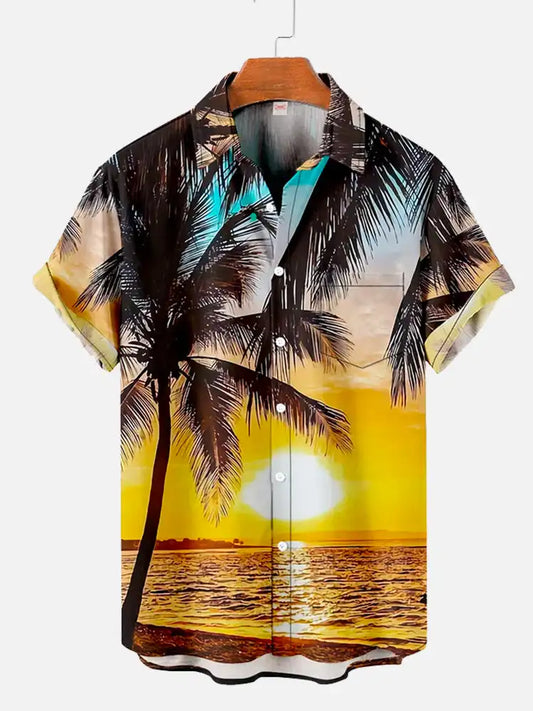 Men’s 3D Hawaiian Shirt for Summer – Coconut Tree Sunset Print Short Sleeve Beach Top - Perfect Gift for Him