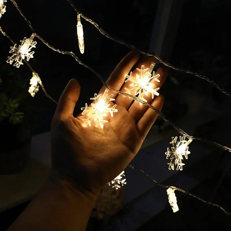 Christmas Fairy Light Snowflake LED String Lights, ideal for Xmas room décor, holiday garlands, Santa Claus gifts, and New Year ornaments