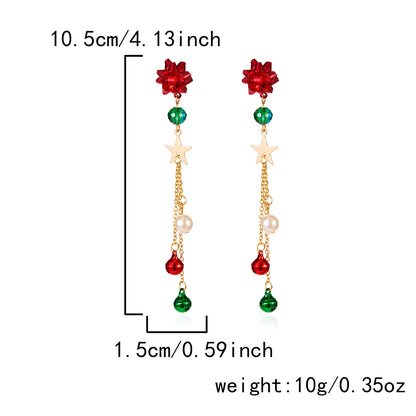 New Christmas Ribbon Star Long Tassel Earrings for Women Delicate Crystal Bowknot Hollow Bell Drop Earring Xmas Festival Jewelry
