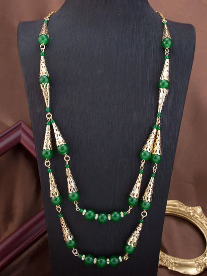 Sunspicems Long Double Layered Bead Chain Necklace for Women Gold Color Arabic Bridal Jewelry & Middle East Caftan Neck Chain