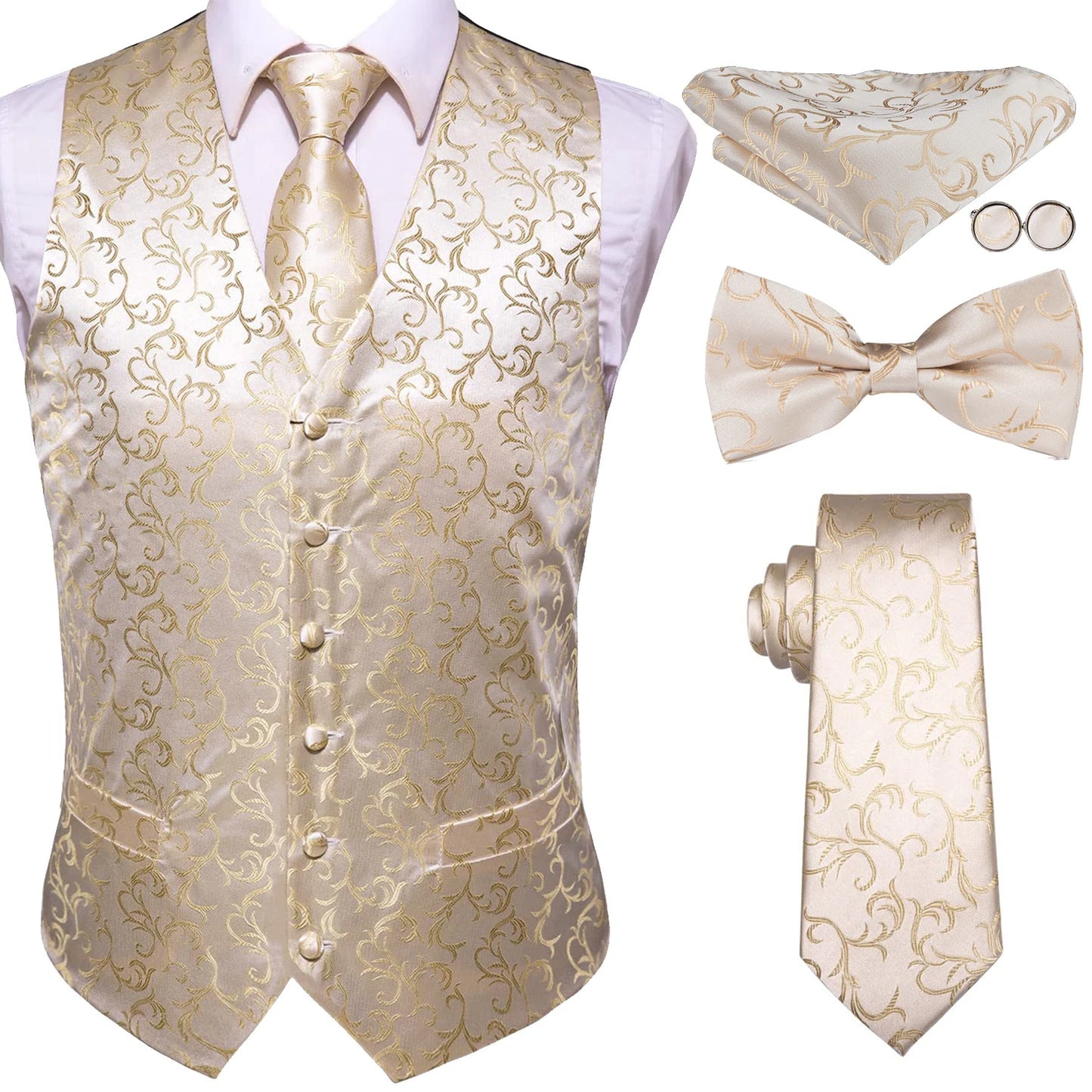Elegant Men's Formal Silk Vest & Accessories By Hi-Tie | Waistcoat Set with Tie, Bowtie, Hanky, Cufflinks for Business, Office, Party, Wedding - Ideal Gift for Him
