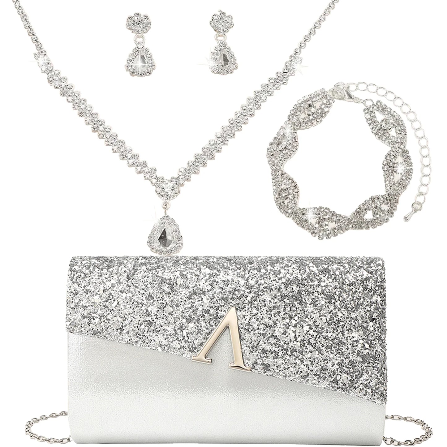 4PCS Evening Purse and Jewelry Set for Women – Glitter Clutch with Matching Necklace, Earrings & Bracelet for Banquet or Bridal Events - Elegant Gift for Her