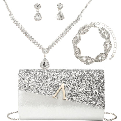 4PCS Evening Purse and Jewelry Set for Women – Glitter Clutch with Matching Necklace, Earrings & Bracelet for Banquet or Bridal Events - Elegant Gift for Her