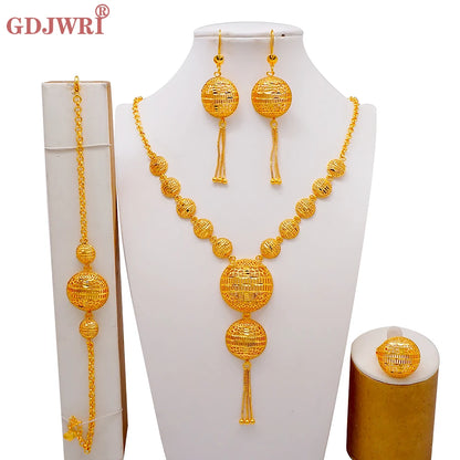 African Indian Gold Jewelry Set for Women – Dubai Style Bridal Tassel Long Necklace, Earrings, Ring & Bangle - Ideal Gift for Her
