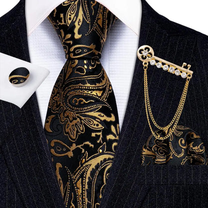 Luxury Floral Paisley Gold Black Silk Tie, Hanky, Cufflinks & Brooch Set - Men's Jacquard Necktie & Accessories for Business, Formal or Wedding - Ideal Gift for Him