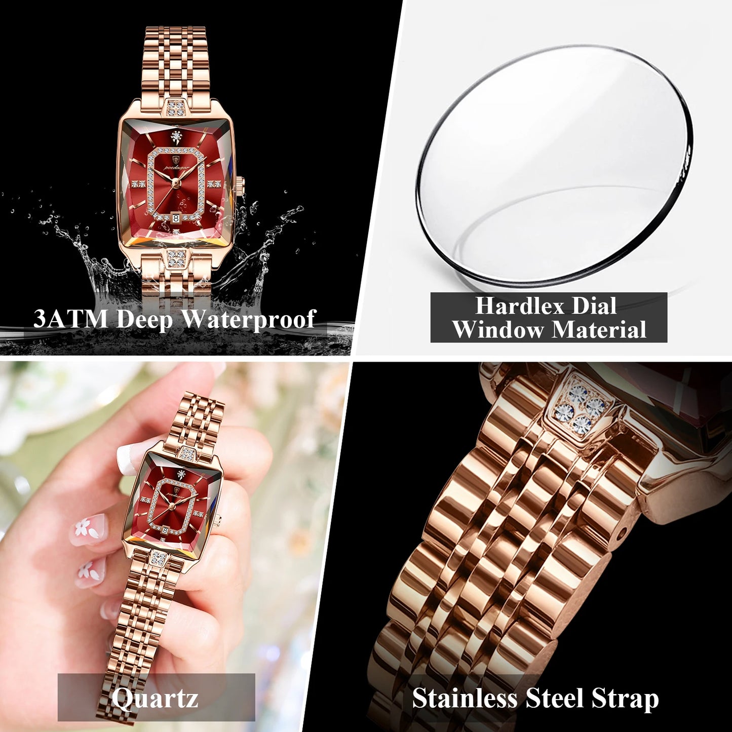 Luxury Rectangle Stainless Steel Women’s Wristwatch | POEDAGAR Waterproof Quartz Watch with Date Display | Ideal Gift for Her