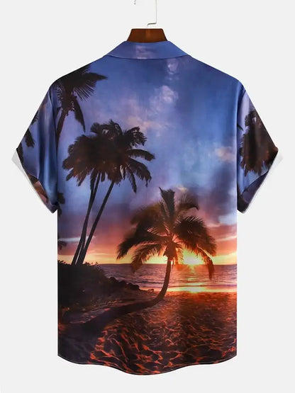 Men’s 3D Hawaiian Shirt for Summer – Coconut Tree Sunset Print Short Sleeve Beach Top - Perfect Gift for Him