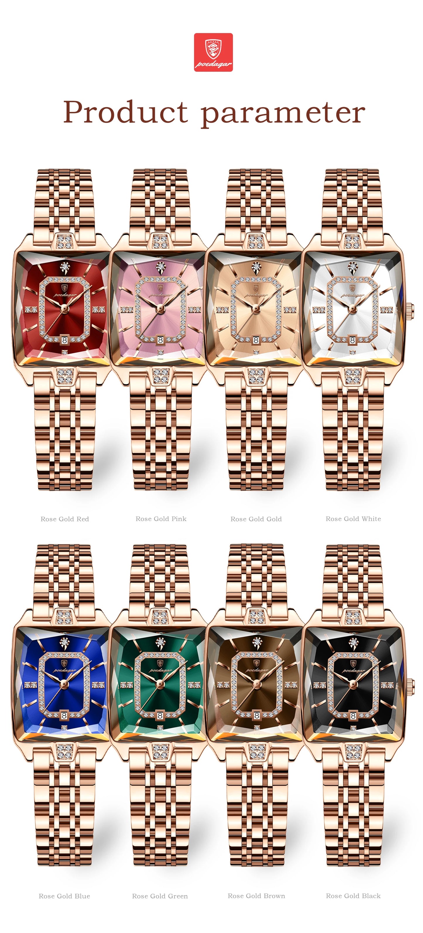 Luxury Rectangle Stainless Steel Women’s Wristwatch | POEDAGAR Waterproof Quartz Watch with Date Display | Ideal Gift for Her