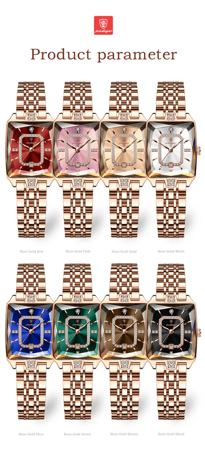 Luxury Rectangle Stainless Steel Women’s Wristwatch | POEDAGAR Waterproof Quartz Watch with Date Display | Ideal Gift for Her