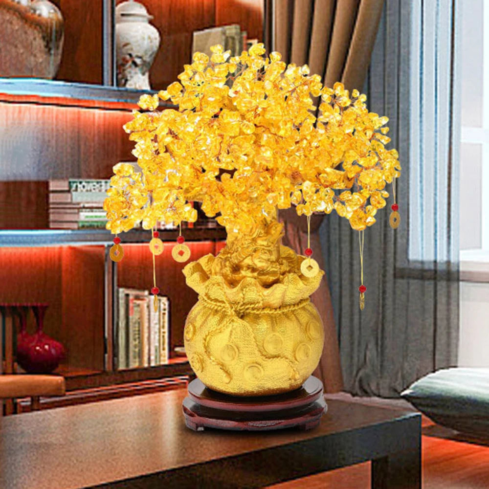Natural Crystal Shaking Money Tree Desktop Ornament - Prosperity, Luck Enhancing Golden Money Bag Decoration for Desktop, Office, or Christmas - Ideal Gift for Friends & Family