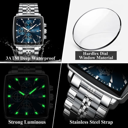 POEDAGAR Square Men’s Watch, Waterproof – Premium Stainless Steel Chronograph with Luminous Display Casual Wrist Watch. Gift for all.
