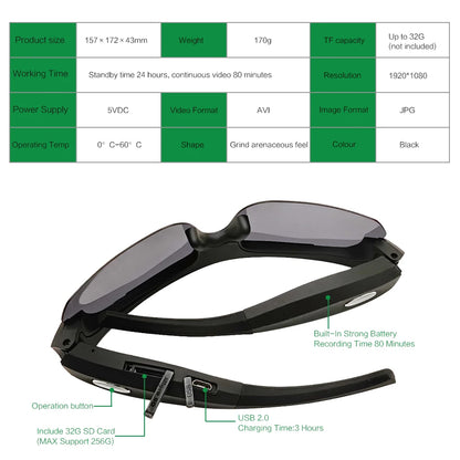 Smart Glasses with Mini Camera HD 1080p : Video Recording Camcorder DVR Portable Sports Sunglasses for Cycling Biking Driving Hiking Fishing Running Travelling - Special Gift for your Nearest Ones