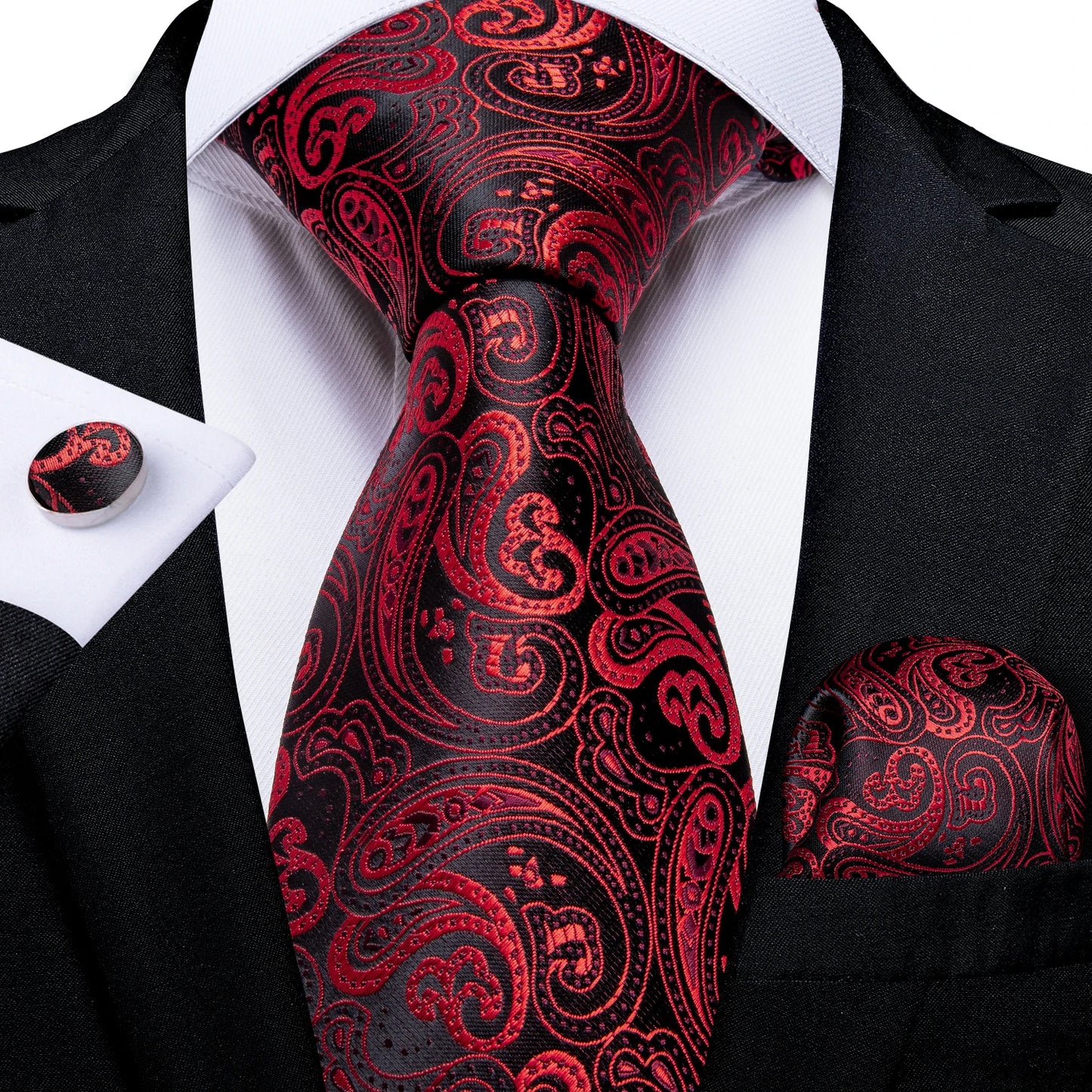 Luxury Orange Paisley Men's Tie Set for Business, Office, Party, Wedding| 3.15 Inch Silk Polyester Necktie, Cufflinks & Pocket Square - Perfect Gift for Him