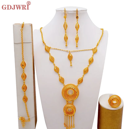 African Indian Gold Jewelry Set for Women – Dubai Style Bridal Tassel Long Necklace, Earrings, Ring & Bangle - Ideal Gift for Her