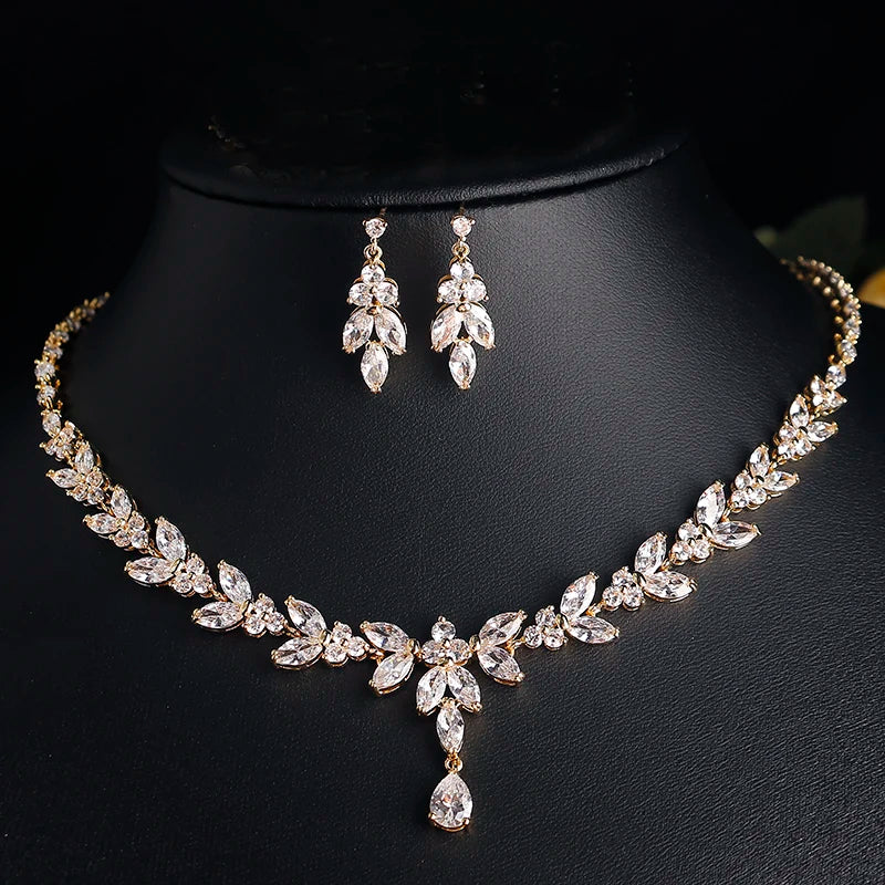 Women's Wedding Accessories Uilz Leaf Earrings & Necklace with Zircon Embellishments - Perfect Gift for Women