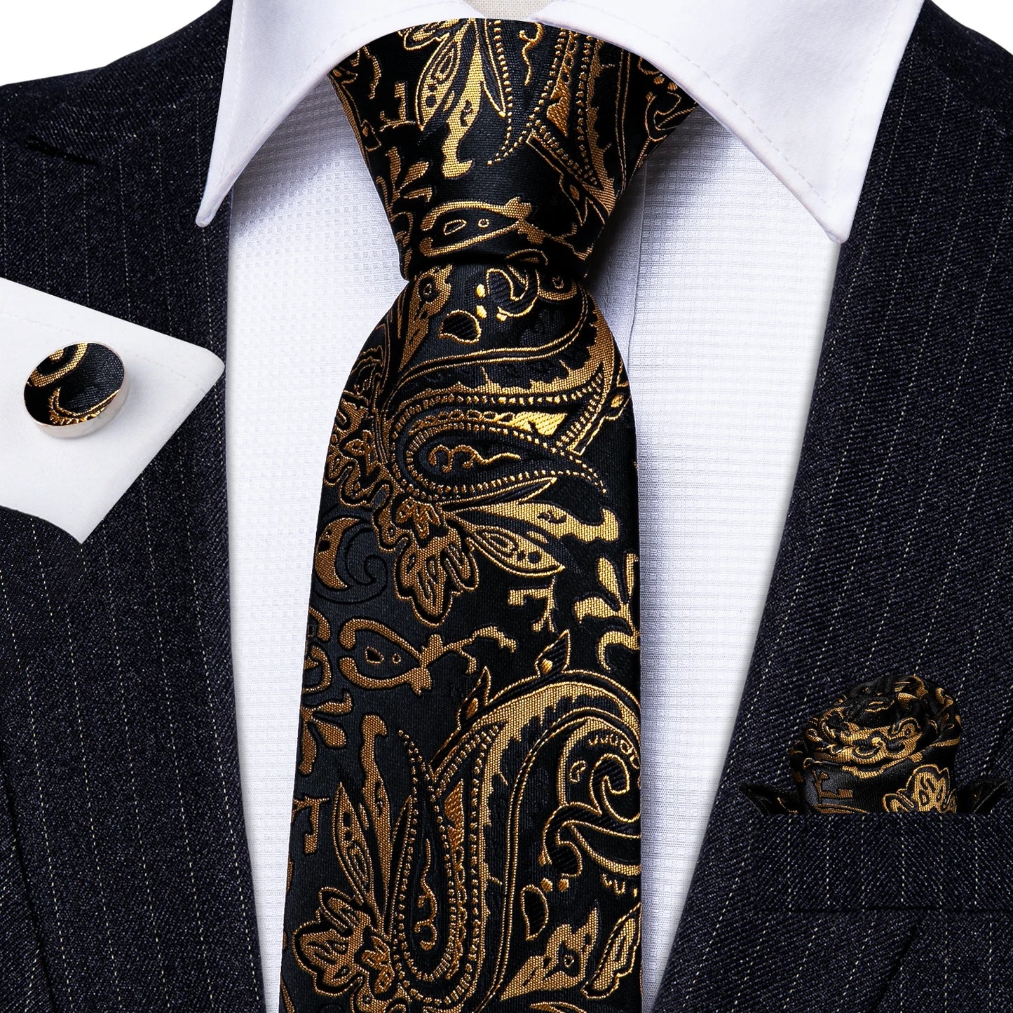 Luxury Floral Paisley Gold Black Silk Tie, Hanky, Cufflinks & Brooch Set - Men's Jacquard Necktie & Accessories for Business, Formal or Wedding - Ideal Gift for Him