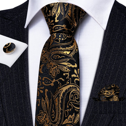 Luxury Floral Paisley Gold Black Silk Tie, Hanky, Cufflinks & Brooch Set - Men's Jacquard Necktie & Accessories for Business, Formal or Wedding - Ideal Gift for Him