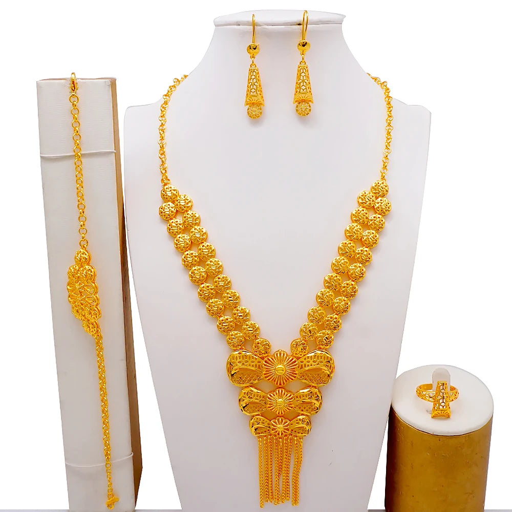 African Indian Gold Jewelry Set for Women – Dubai Style Bridal Tassel Long Necklace, Earrings, Ring & Bangle - Ideal Gift for Her