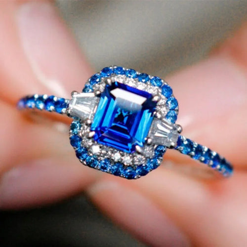 Elegant Deep Blue Zircon Prong Setting Women's Ring with Micro Paved Accents – Perfect for Wife’s Gift