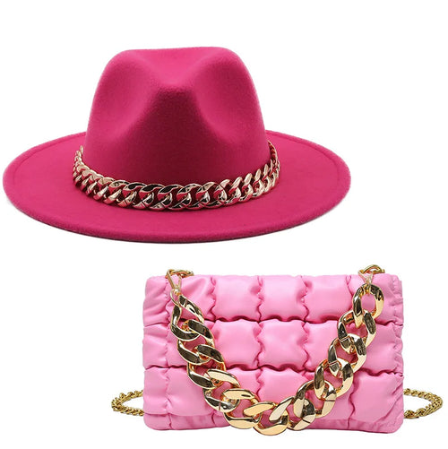 Hat for Women: Autumn Winter New Party Jazz Fedora Hats With Fashion Luxury Oversized Chain Accessory Bag Two-piece Set