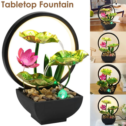 LED Interior Decorative Water Fountain with Ring Lights -  Tiny Rock Waterfall Fountains, indoor Desktop Art  for Home office Or Hotel - Excellent gift for Family, Relatives & Friends