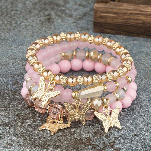 4-Piece Butterfly Bracelet Set for Women – Pink Beaded Elastic Bangles | Boho Party Jewelry Gift