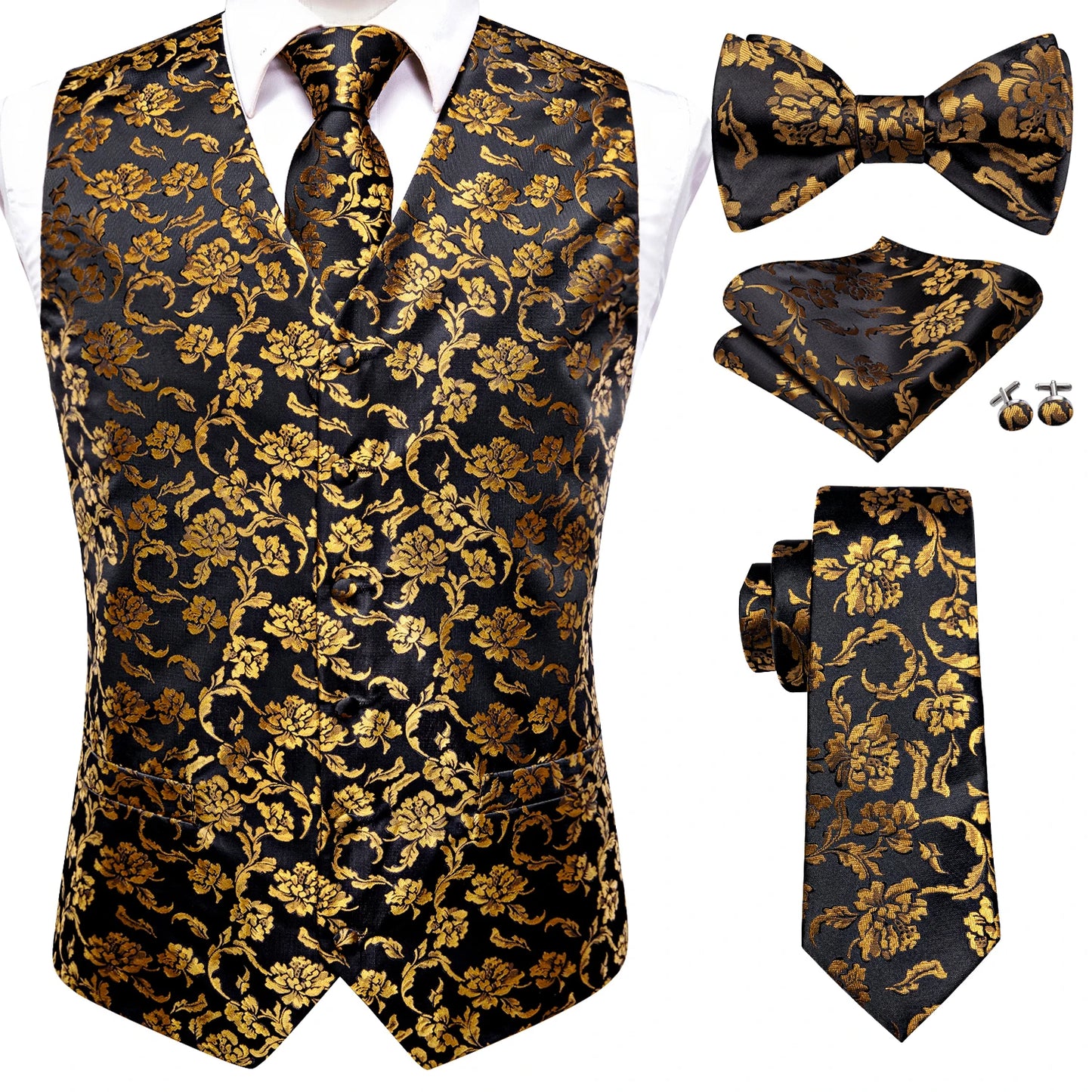 Elegant Men's Formal Silk Vest & Accessories By Hi-Tie | Waistcoat Set with Tie, Bowtie, Hanky, Cufflinks for Business, Office, Party, Wedding - Ideal Gift for Him