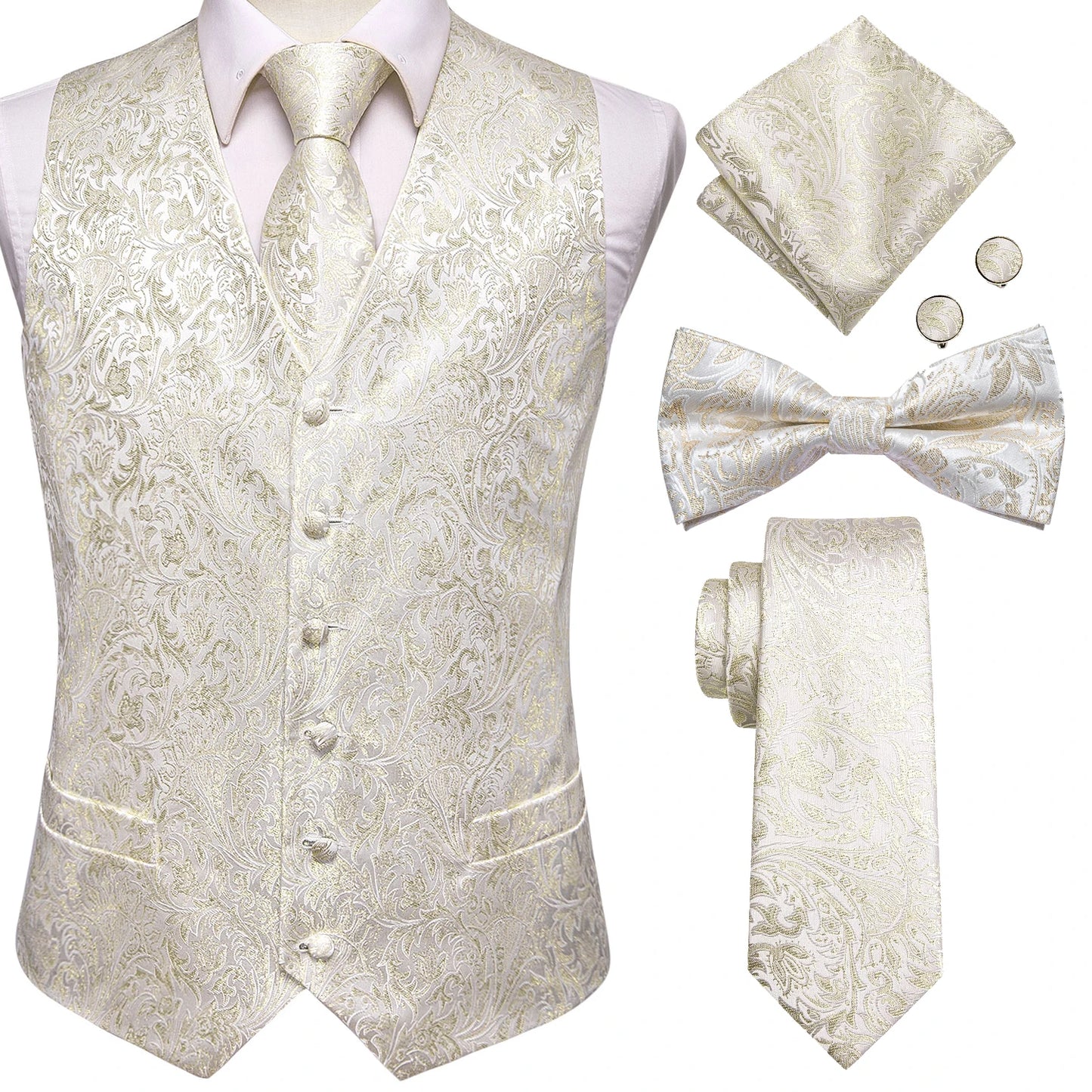 Elegant Men's Formal Silk Vest & Accessories By Hi-Tie | Waistcoat Set with Tie, Bowtie, Hanky, Cufflinks for Business, Office, Party, Wedding - Ideal Gift for Him
