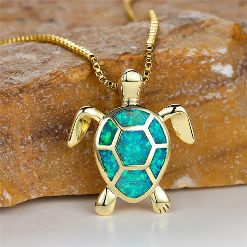 Adorable Little Turtle Pendant Necklaces for Women -  Vintage Gold Chain Necklace for Weddings with Green Fire Opal Stones - Charming gift for Women