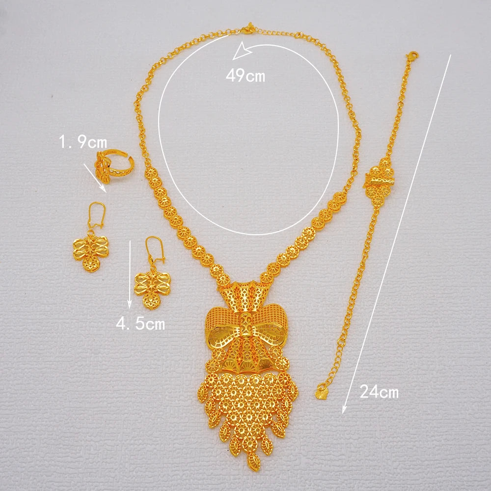African Indian Gold Jewelry Set for Women – Dubai Style Bridal Tassel Long Necklace, Earrings, Ring & Bangle - Ideal Gift for Her