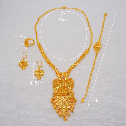 African Indian Gold Jewelry Set for Women – Dubai Style Bridal Tassel Long Necklace, Earrings, Ring & Bangle - Ideal Gift for Her