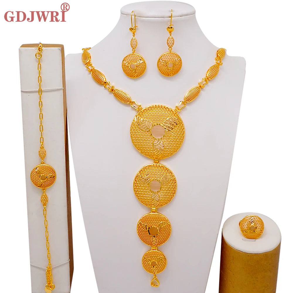 African Indian Gold Jewelry Set for Women – Dubai Style Bridal Tassel Long Necklace, Earrings, Ring & Bangle - Ideal Gift for Her
