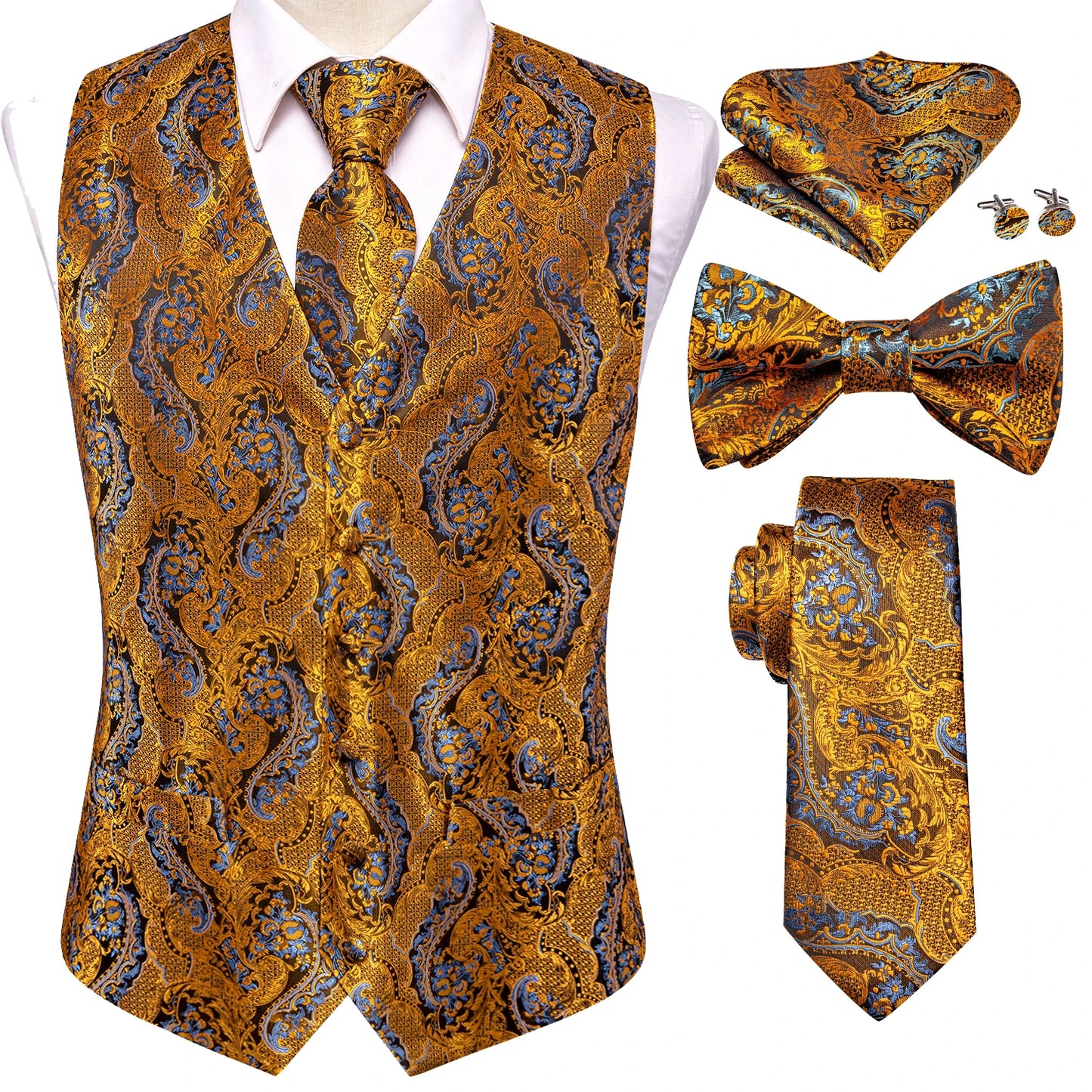 Elegant Men's Formal Silk Vest & Accessories By Hi-Tie | Waistcoat Set with Tie, Bowtie, Hanky, Cufflinks for Business, Office, Party, Wedding - Ideal Gift for Him