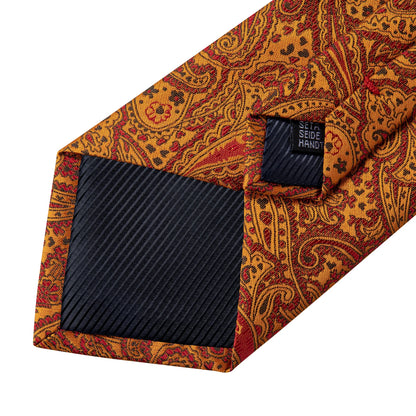 Luxury Orange Paisley Men's Tie Set for Business, Office, Party, Wedding| 3.15 Inch Silk Polyester Necktie, Cufflinks & Pocket Square - Perfect Gift for Him