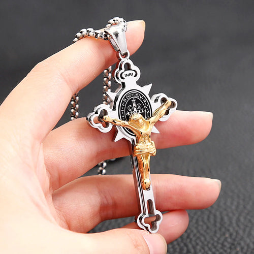 Men’s Stainless Steel Jesus Cross Necklace for Prayer Baptism | Vintage Catholic Punk Biker Pendant - Christian Jewelry Gift