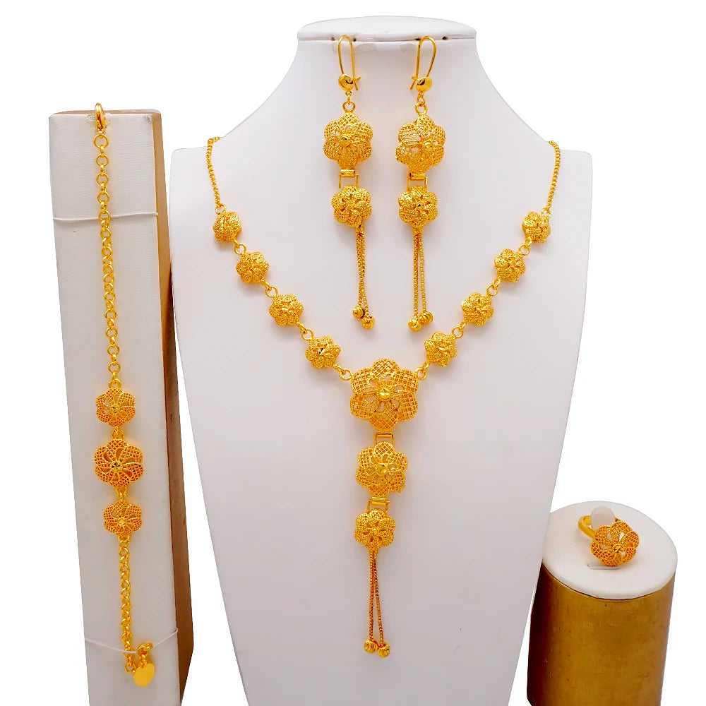 African Indian Gold Jewelry Set for Women – Dubai Style Bridal Tassel Long Necklace, Earrings, Ring & Bangle - Ideal Gift for Her