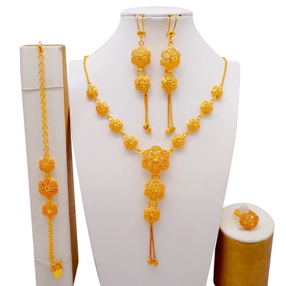 African Indian Gold Jewelry Set for Women – Dubai Style Bridal Tassel Long Necklace, Earrings, Ring & Bangle - Ideal Gift for Her